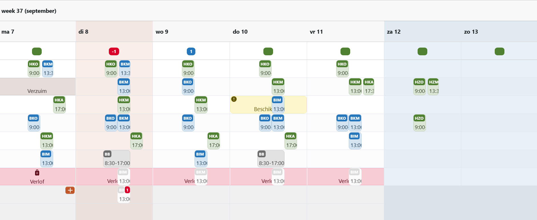 Het weekrooster van KEENplanning: per medewerker de ingeplande diensten per dag, met verlof en verzuim in dezelfde weergave.