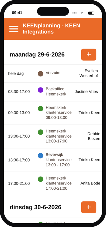 KEENplanning op de telefoon: de dagplanning met per dienst de tijd, de locatie en de ingeroosterde medewerker.