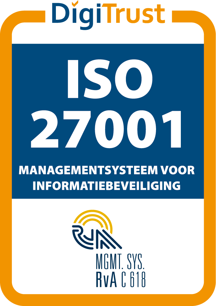 Certificeringsmerk DigiTrust: ISO 27001, managementsysteem voor informatiebeveiliging, geaccrediteerd door de Raad voor Accreditatie onder registratienummer C 618