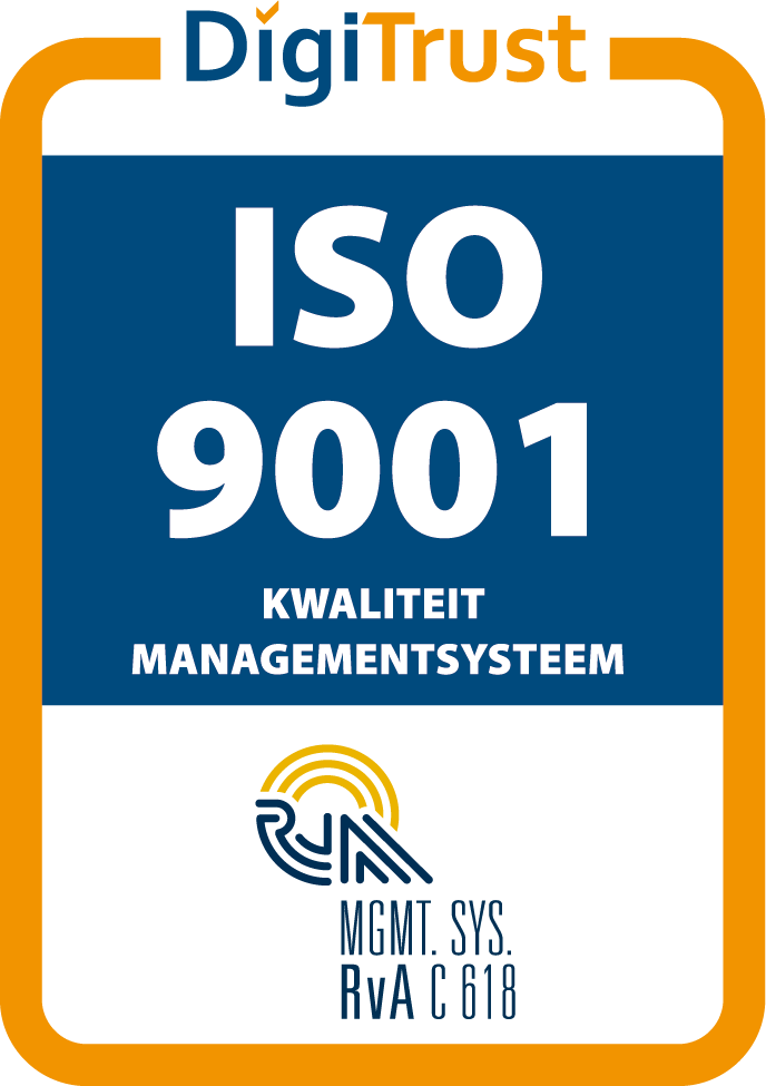 Certificeringsmerk DigiTrust: ISO 9001, kwaliteitsmanagementsysteem, geaccrediteerd door de Raad voor Accreditatie onder registratienummer C 618